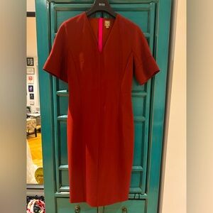 Hugo Boss, Dress, Red, size 6, Zipper down back, V-neck, knee length